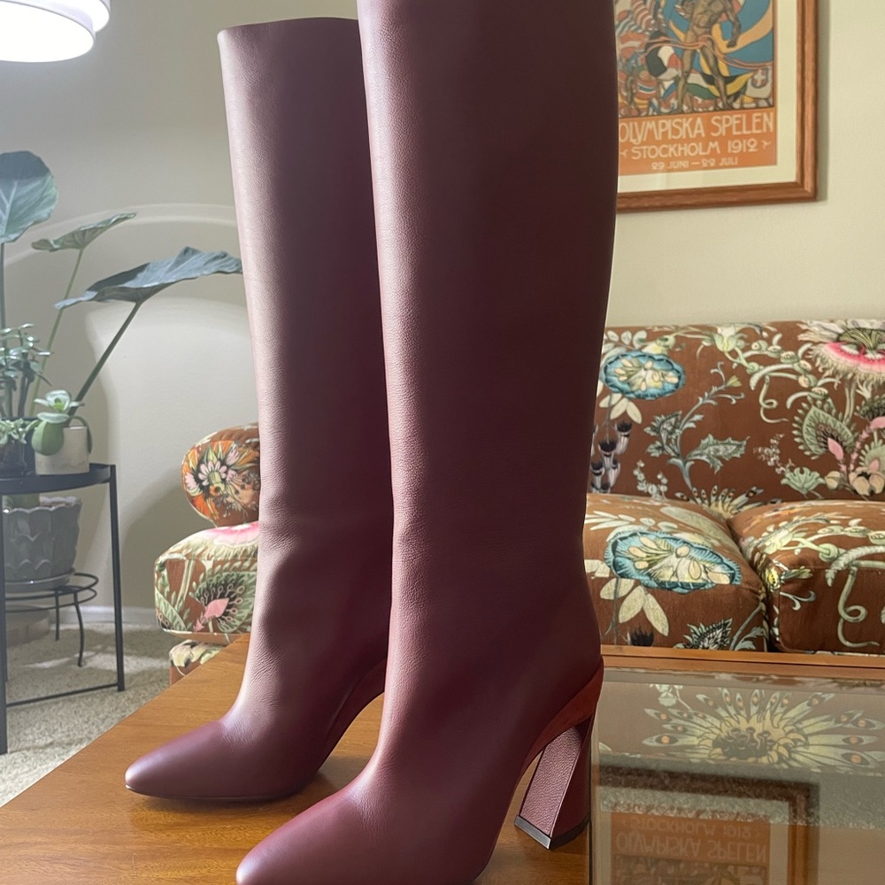Salvatore Ferragamo Women's Antea Burgundy Leather Suede Knee High Boots size 9 - Picture 4 of 16